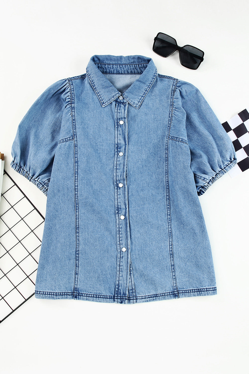 Sky Blue Short Bubble Sleeve Snap Button Denim Shirt