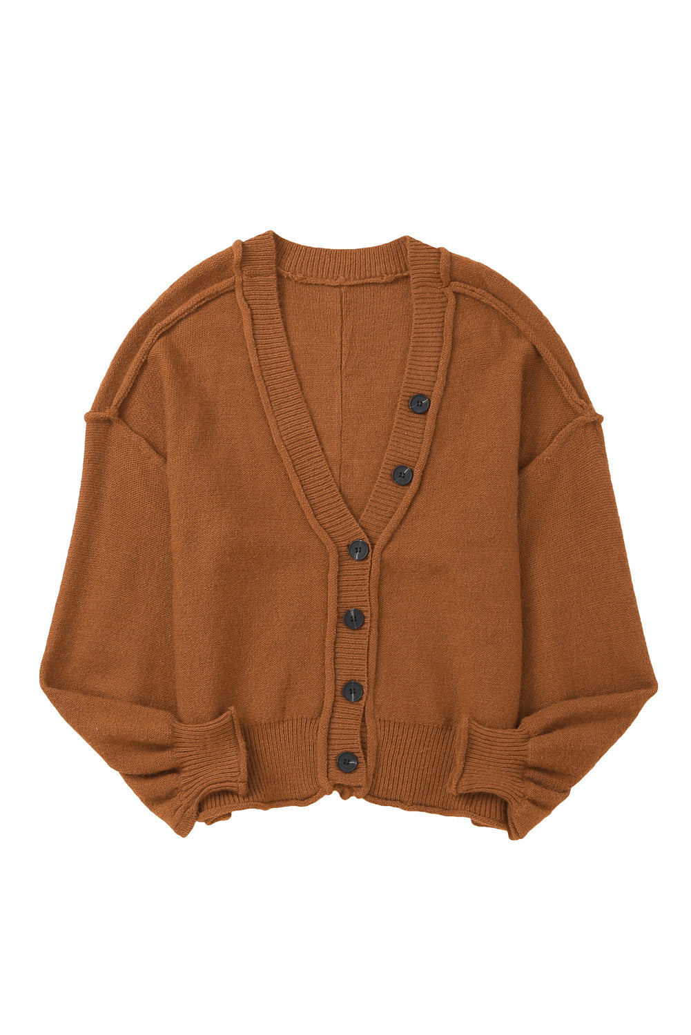 Reverse Seam Trim Puff Sleeve Plunging Cardigan