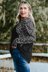 Black Leopard Raglan Sleeve Waffle Knit Plus Size Top