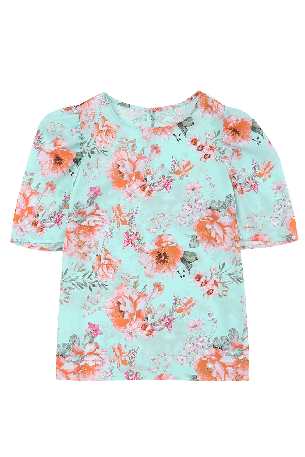 Sky Blue Floral Print Short Puff Sleeves Top