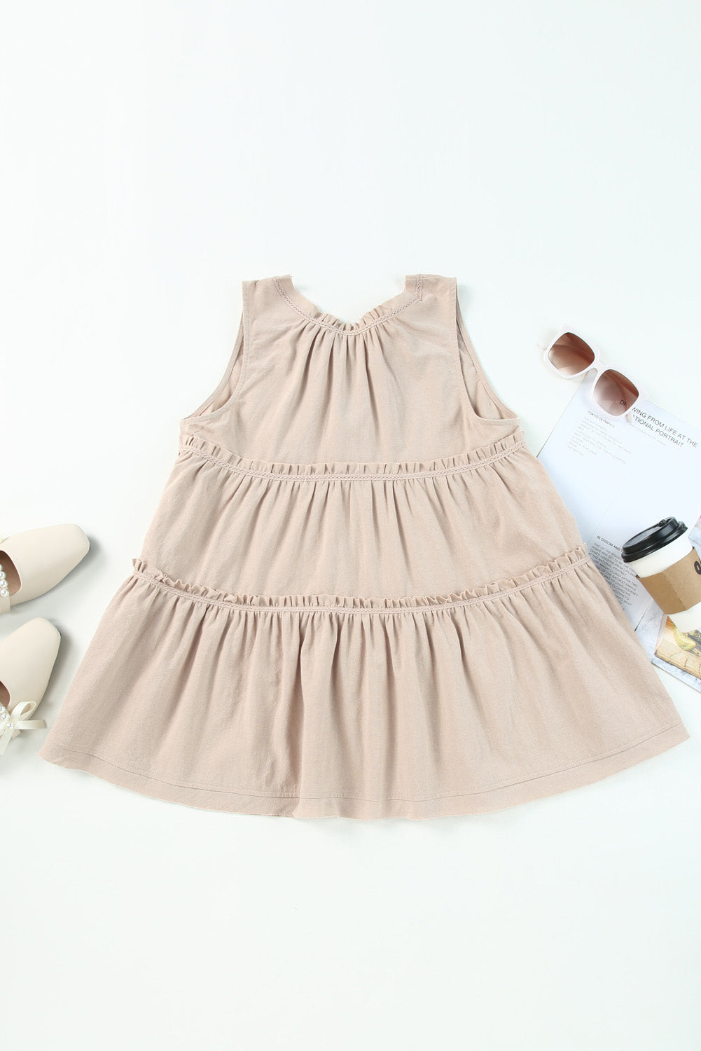 Khaki Split V Neck Tiered Ruffle Tank Top