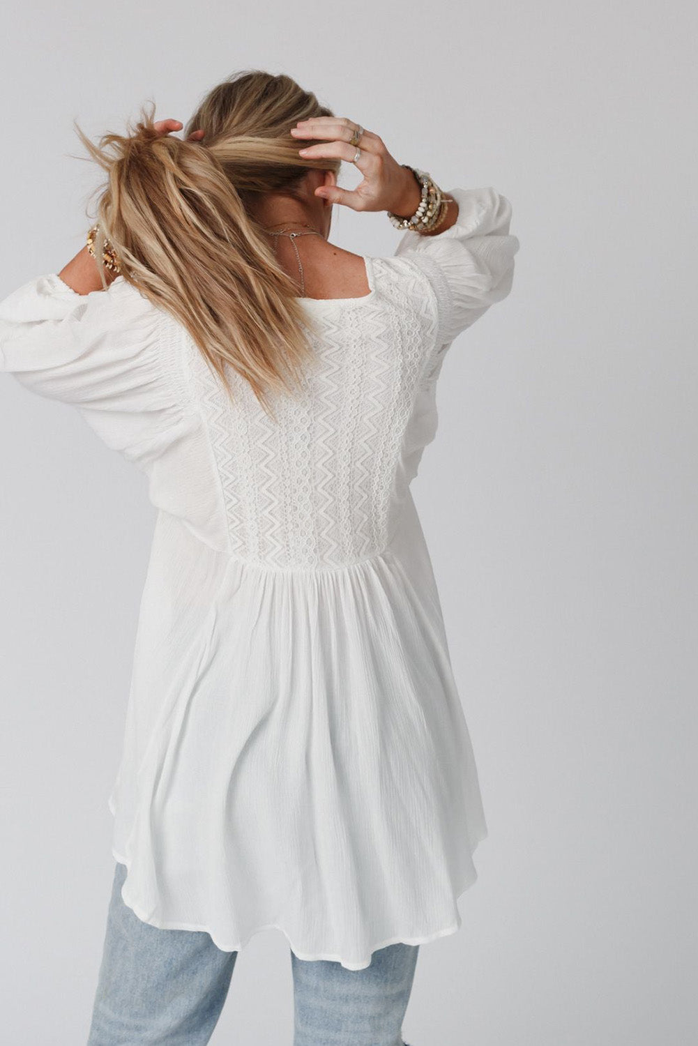 White Lace V-Neck Bracelet Sleeve Ruffle Blouse