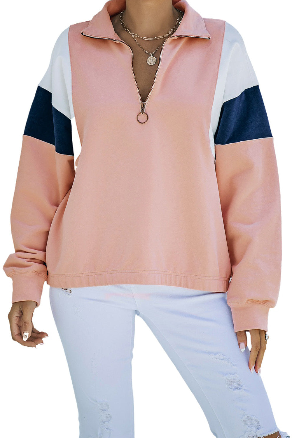 Pink Color Block Patch Bicep Quarter Zip Sweatshirt