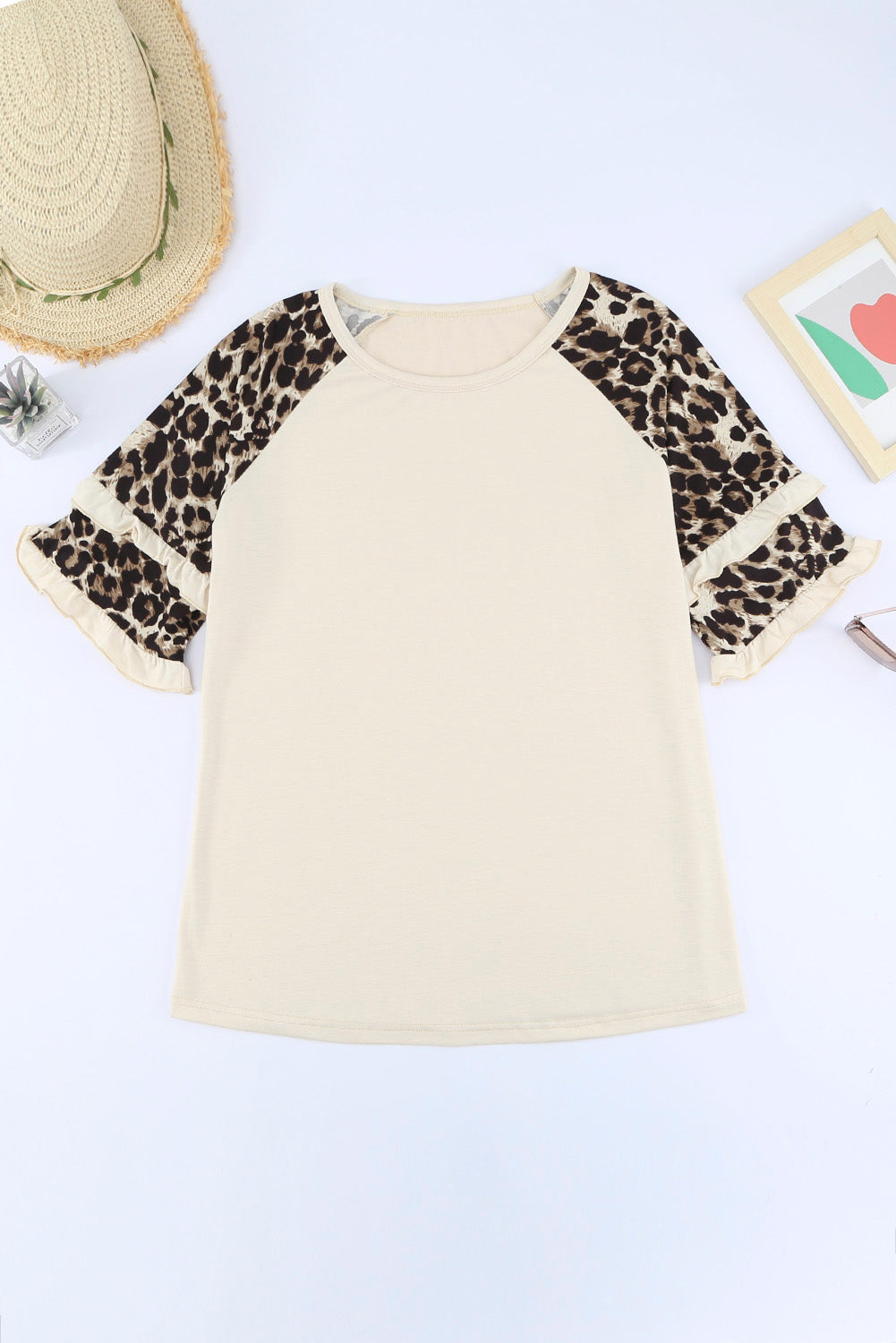 Black Ruffled Leopard Sleeve Patchwork Top