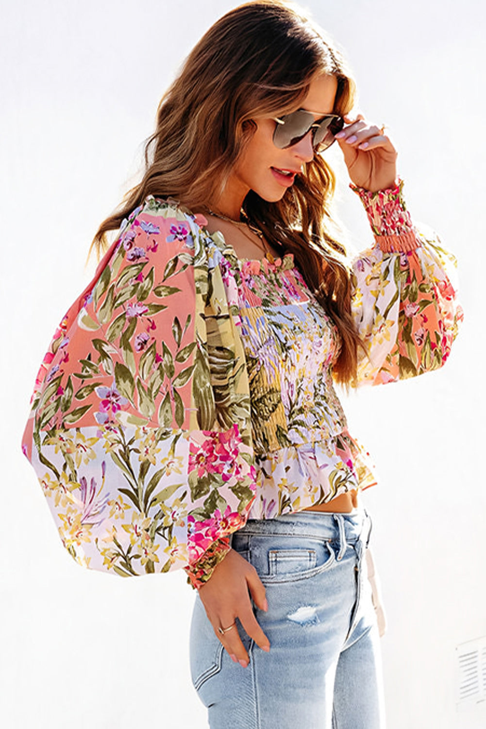 Multicolor Smocked Floral Frilled Trim Square Neck Blouse