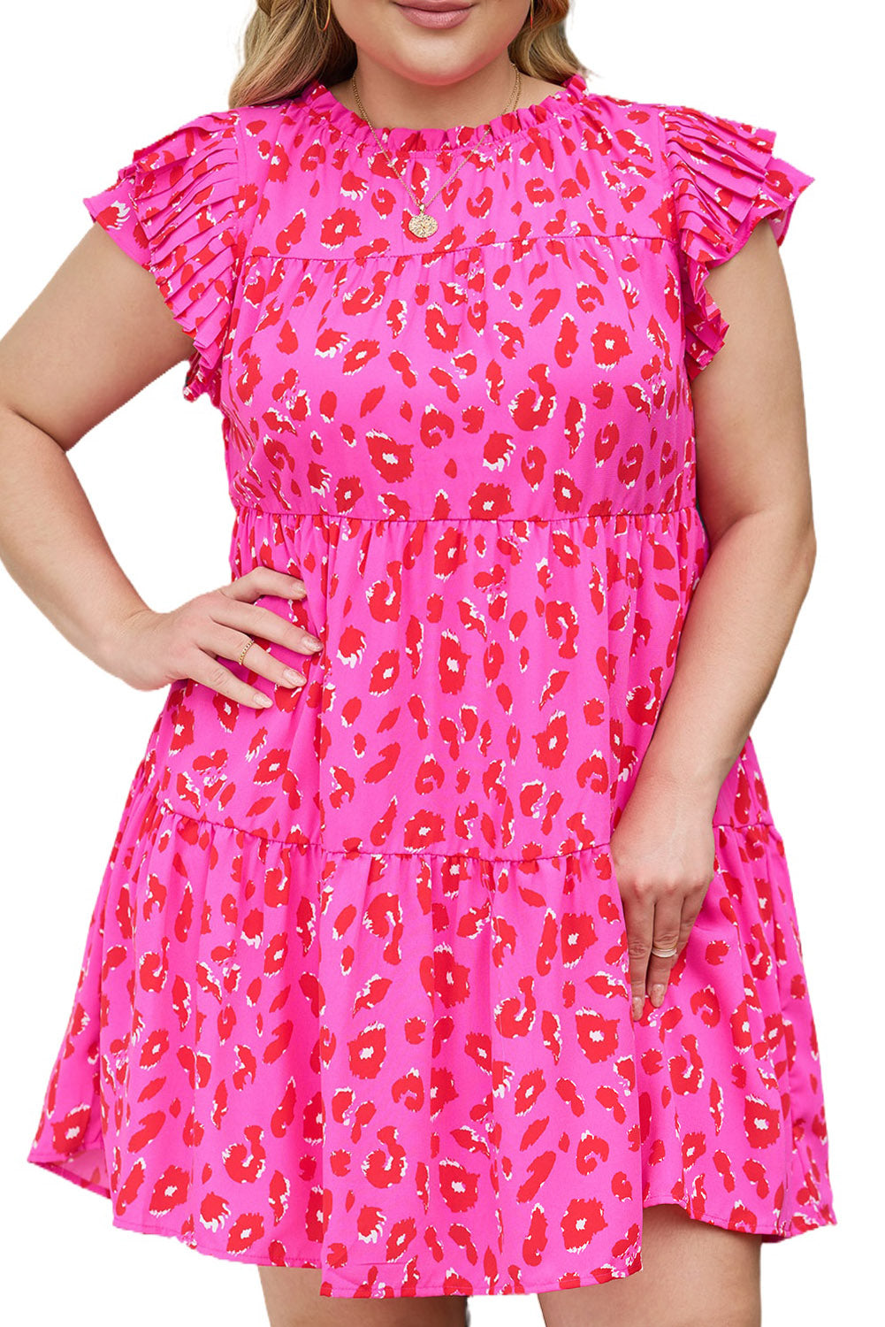 Rose Leopard Print Frilled Sleeveless Plus Size Mini Dress