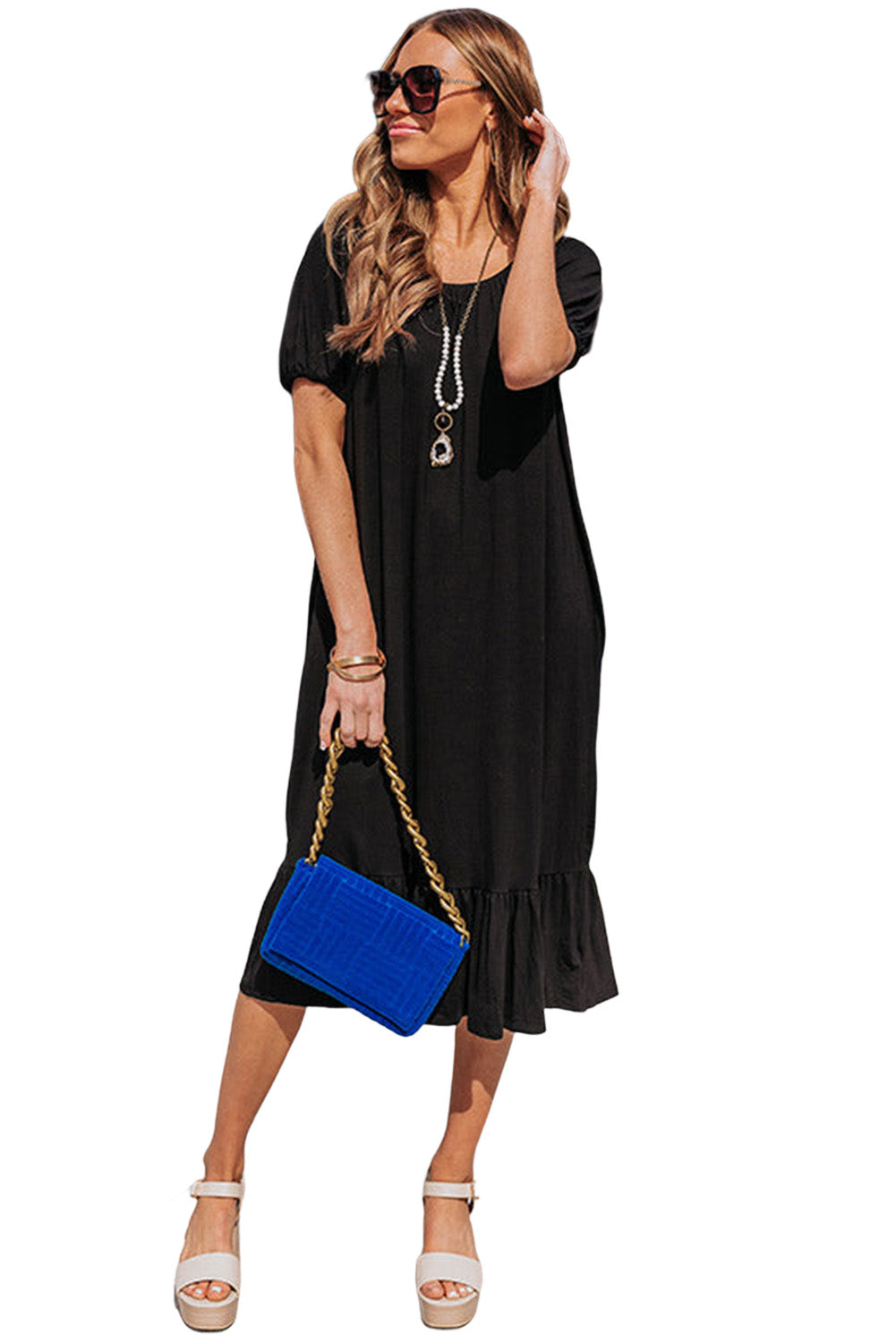 Black Solid Color Short Sleeve Ruffled T-shirt Dress