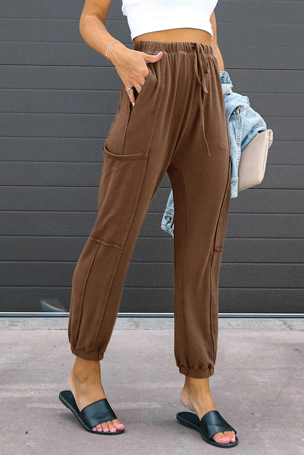 Brown Multi-pockets Drawstring High Waist Joggers