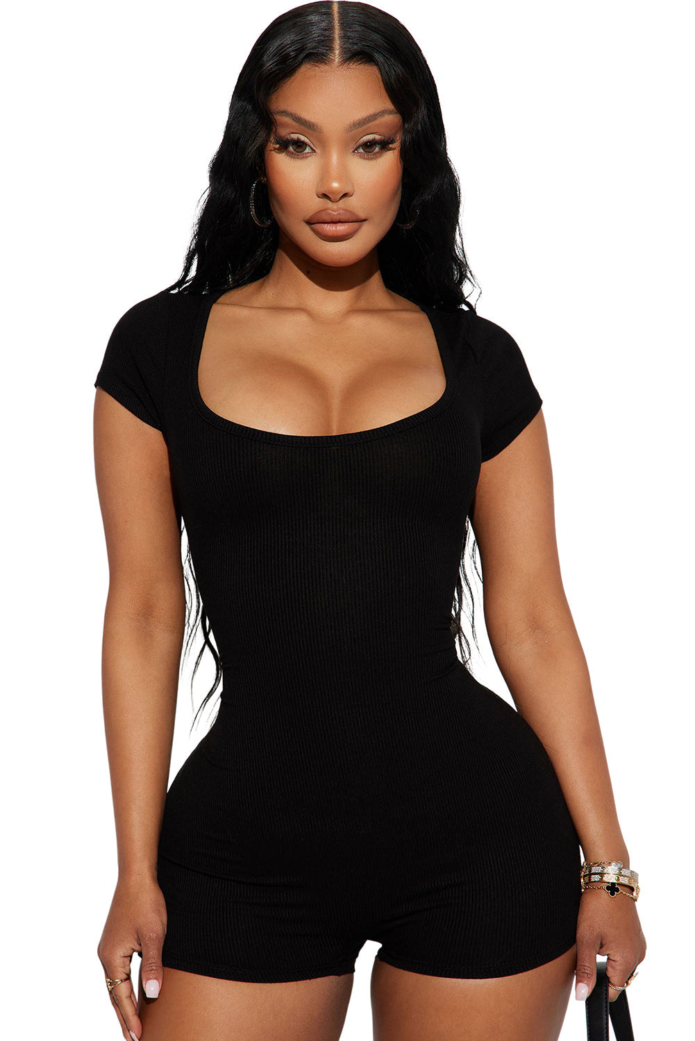 Black Ribbed Square Neck Short Sleeve Athleisure Romper