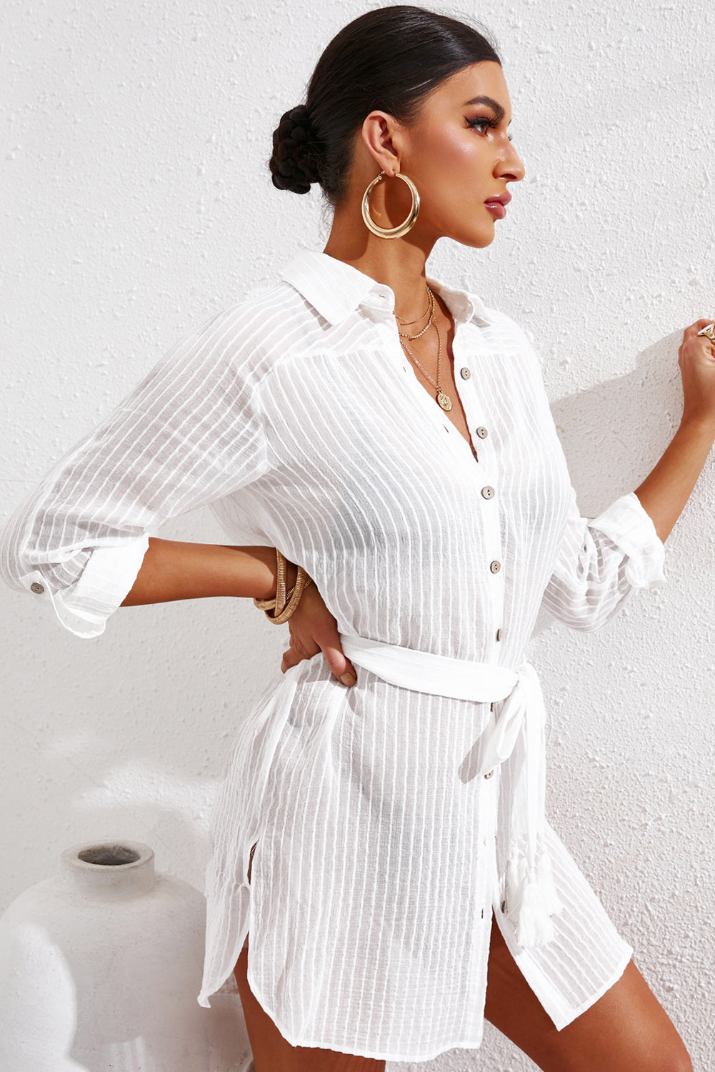 White Striped Shirt Dress Beach Cover up with Belt