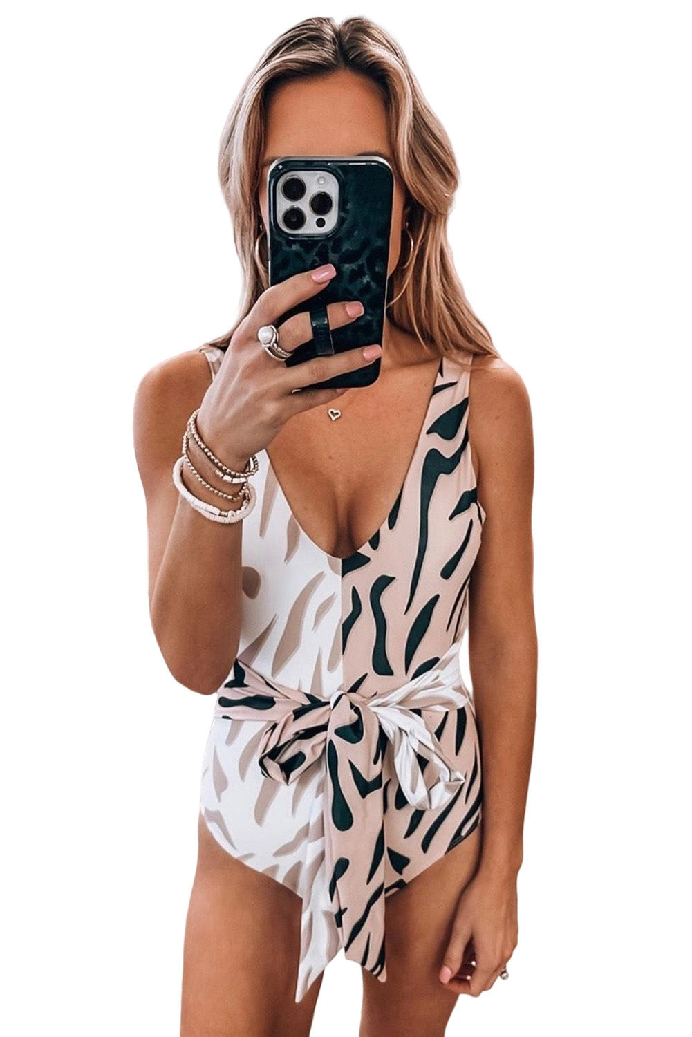 Khaki Two-tone Zebra Print One Piece Swimsuit