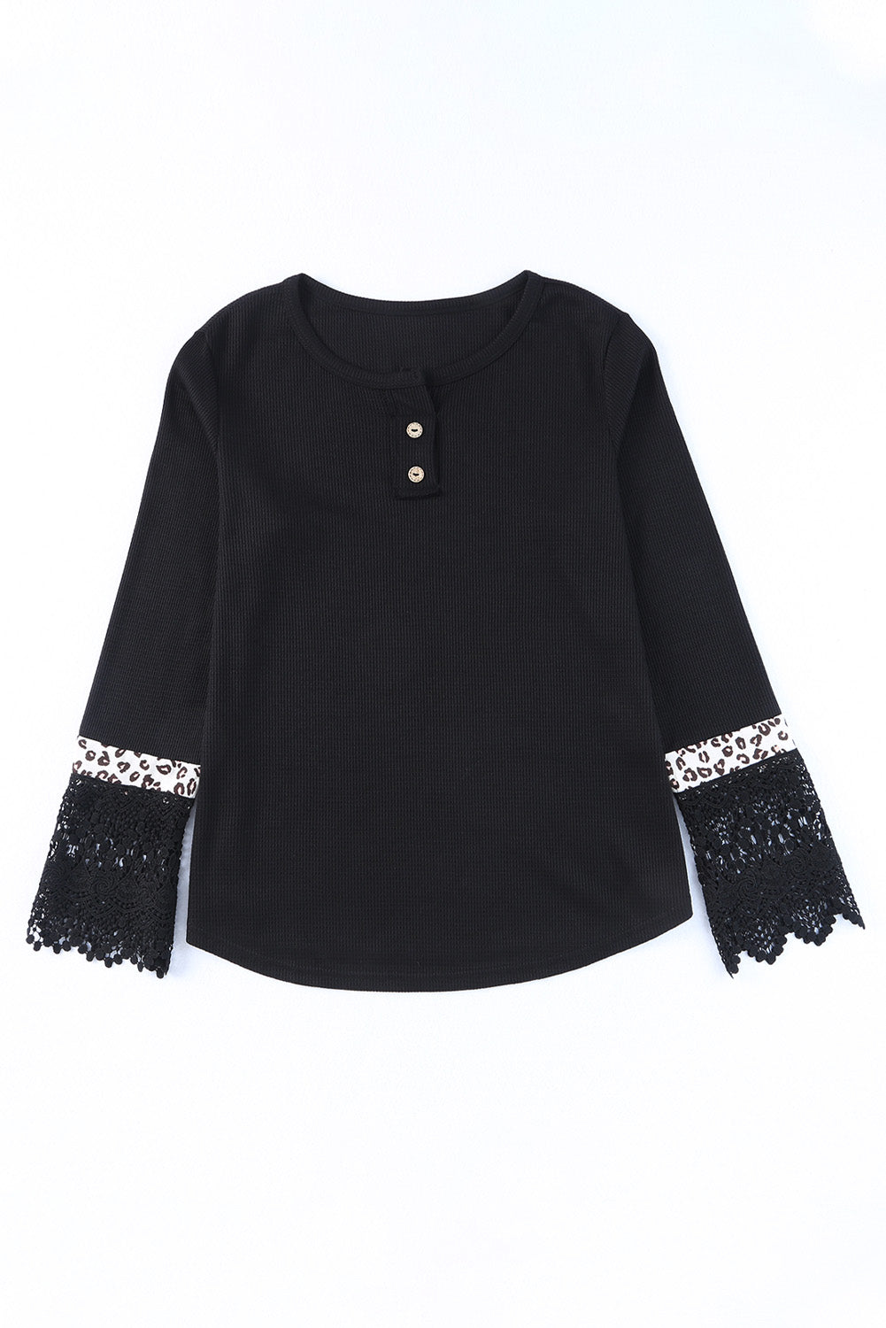 Black Lace Leopard Splicing Buttoned Knit Top