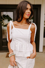 White Eyelet Pattern Tied Shoulder Peplum Tank Top