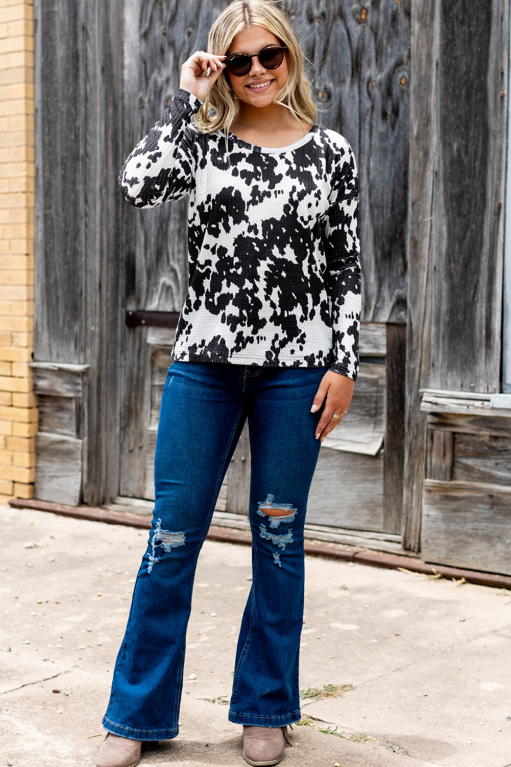 Cow Print U Neck Long Sleeve Top