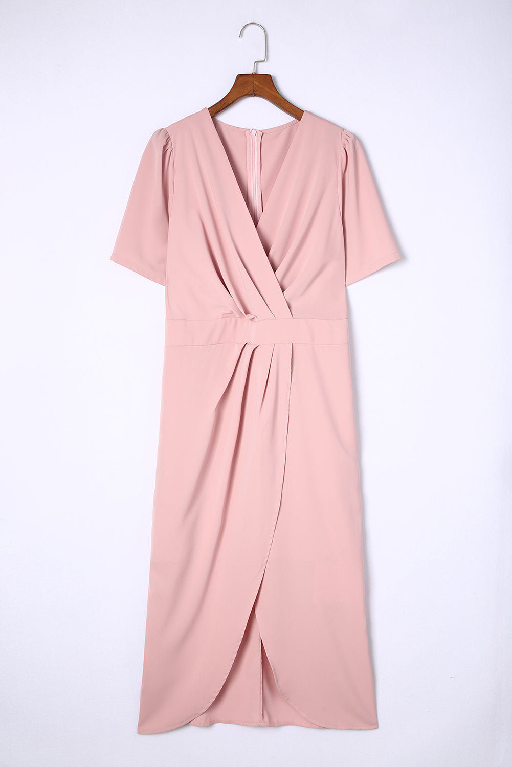 Pink Plus Size Wrap V Neck Slit Hem Midi Dress