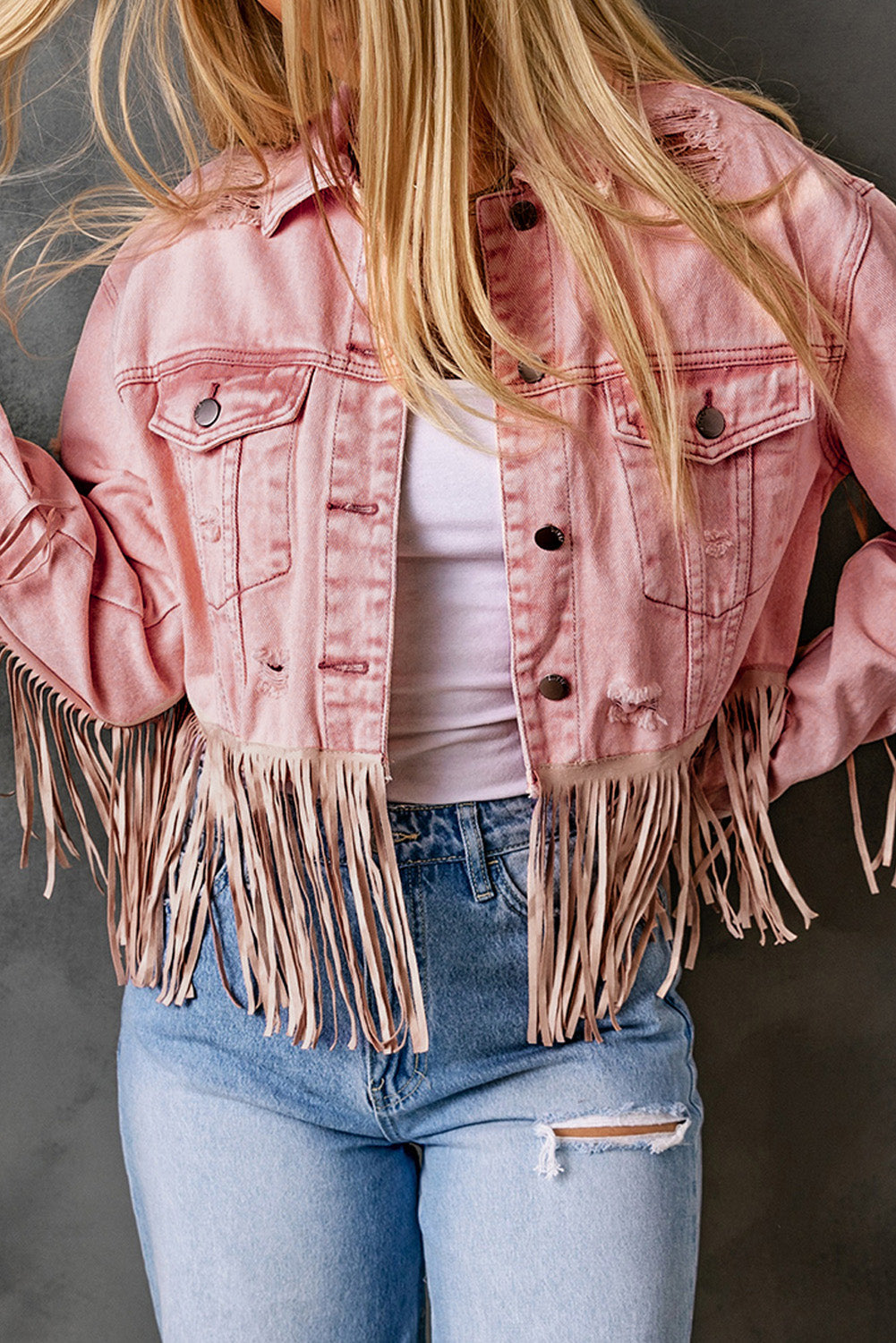 Pink Distressed Fringed Cropped Denim Jacket