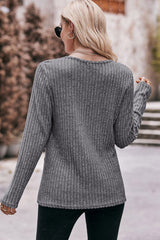 Gray Buttoned Hem Ribbed Long Sleeve Top