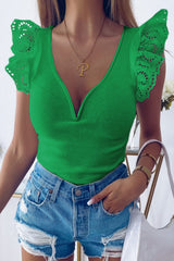 Green White V Neck Flutter Shoulder Ribbed Knit Top