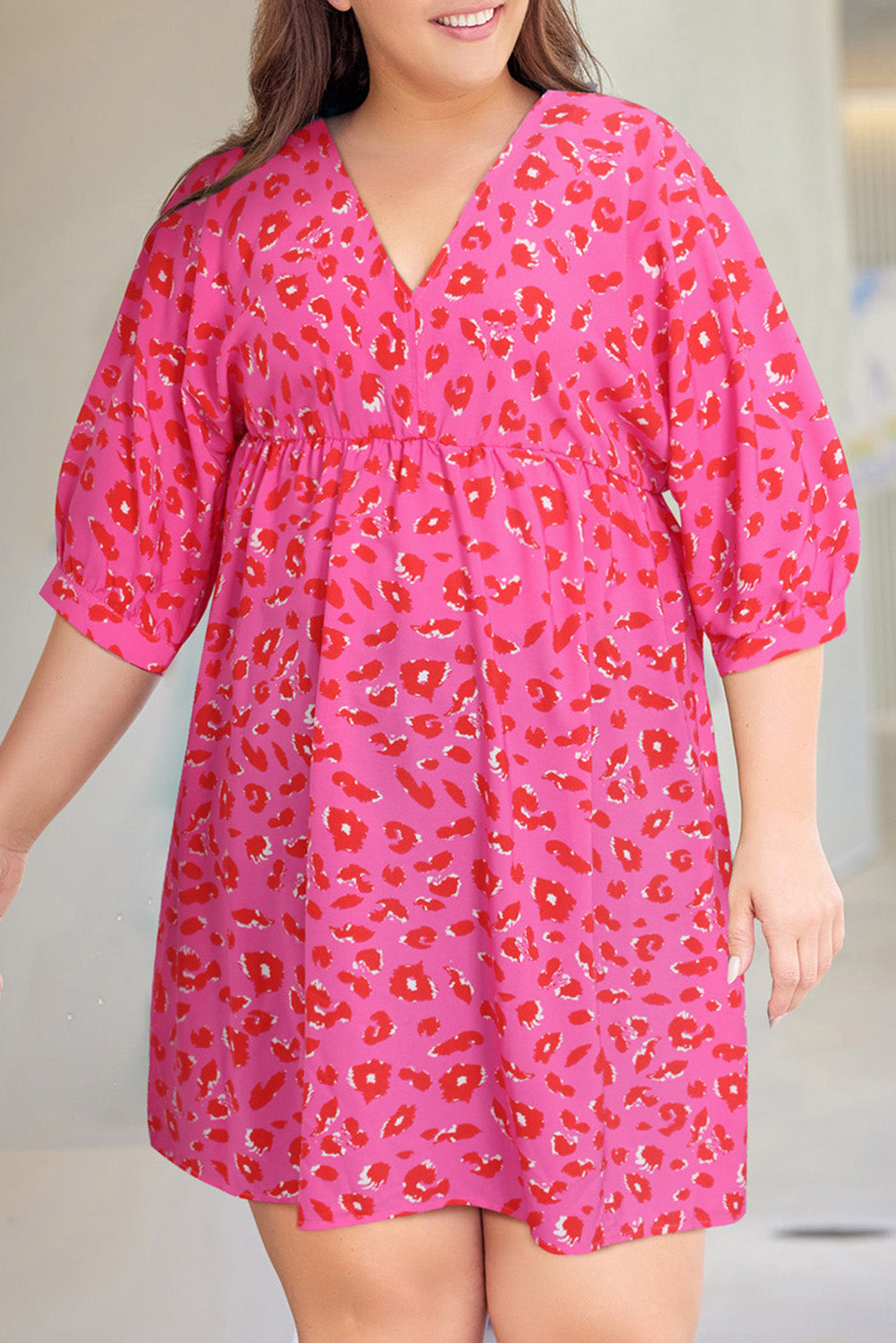 Rose Plus Size 3/4 Sleeves V Neck Leopard Dress