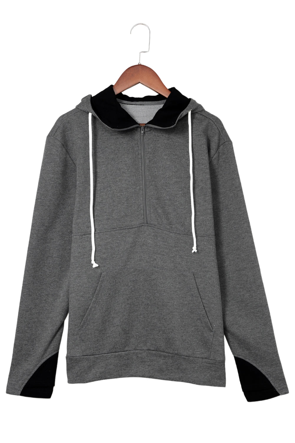 Gray Half Zip Pocketed Thumbhole Sleeve Hoodie