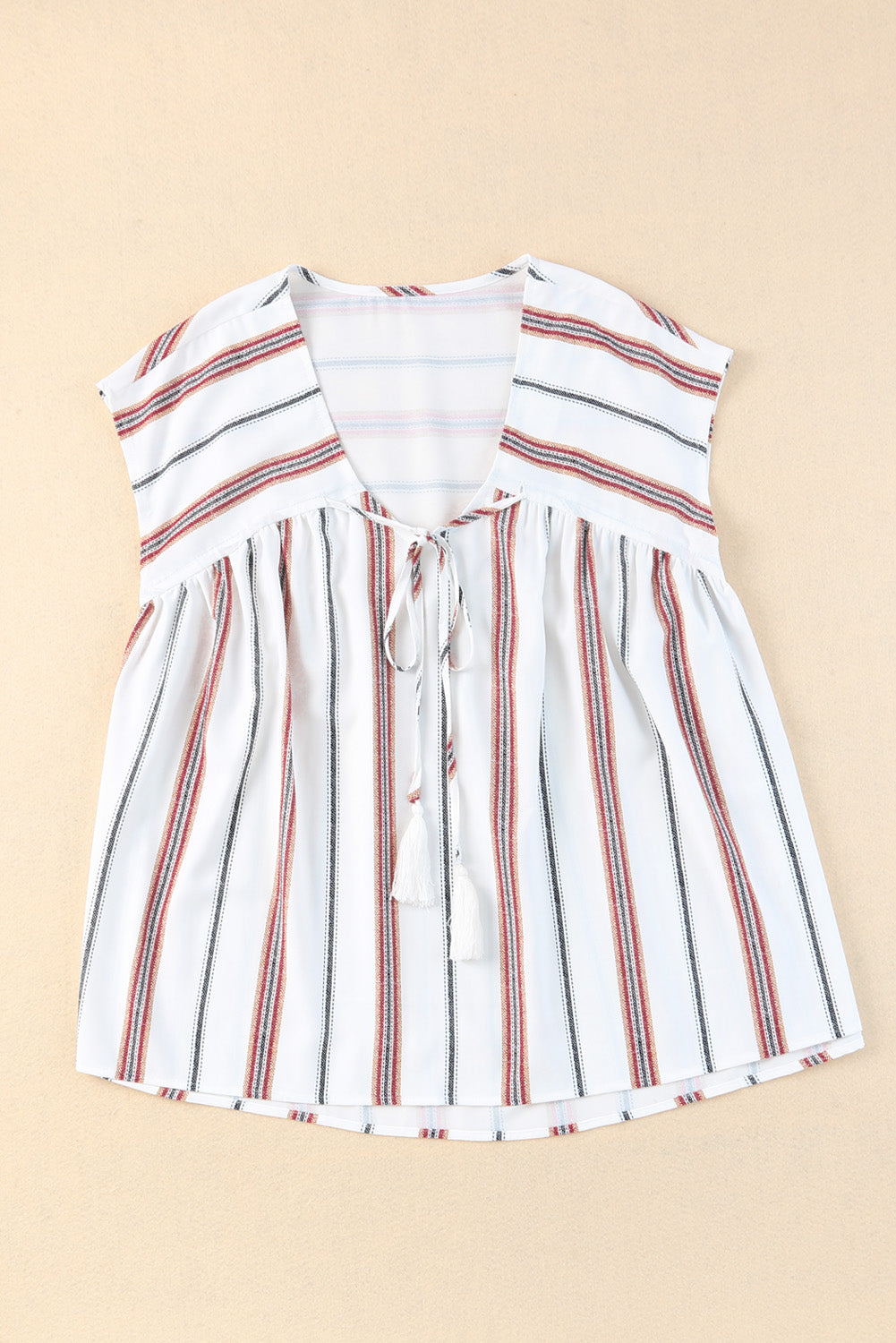 White Striped Print Loose V Neck Short Sleeve Top