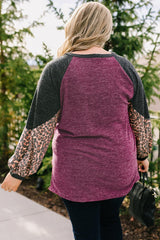 Multicolor Leopard Colorblock Long Sleeve Plus Size Top