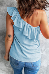 Sky Blue Ruffle One Shoulder Crinkle Tank