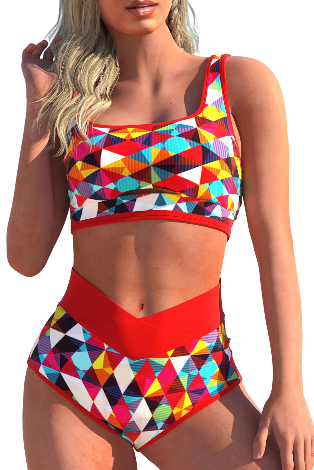 Red 2pcs Geometric Print Notch High Waisted Bikini