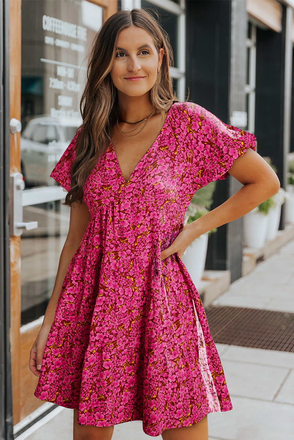 Khaki Floral Print Tiered Flutter Sleeve V Neck Top