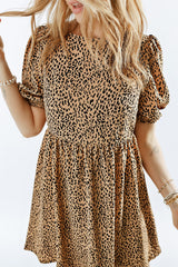 Leopard Animal Print Bubble Sleeve Babydoll Dress