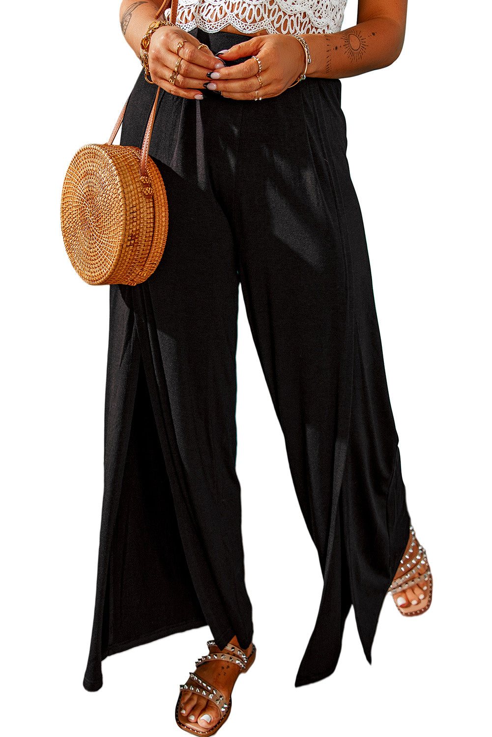 Black Side Slit Wide Leg Mid Waist Pants