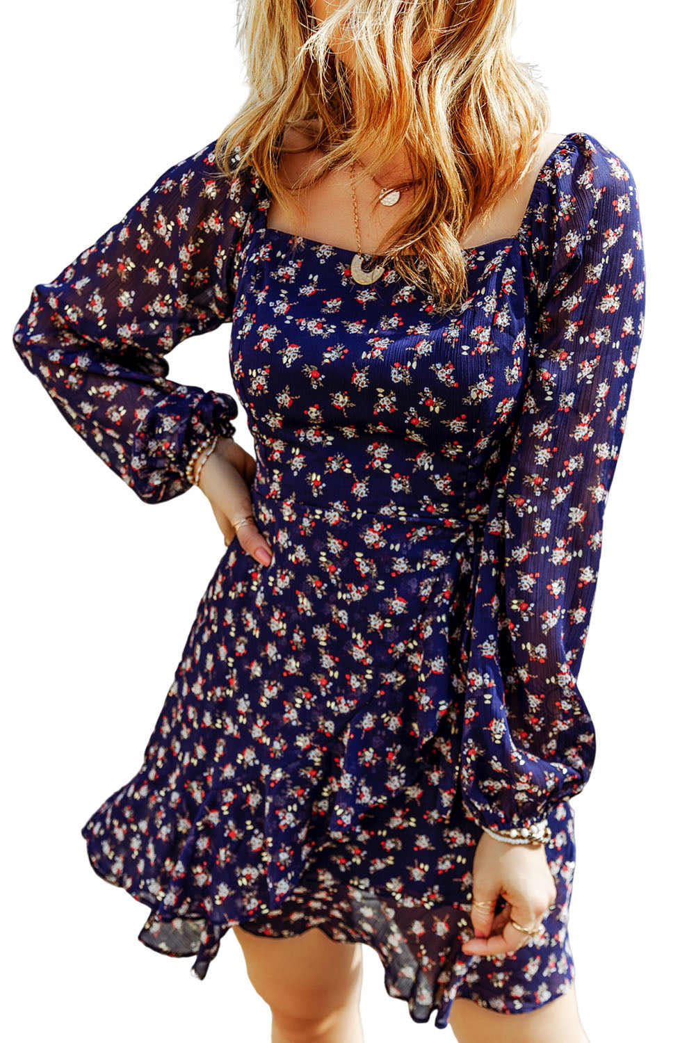 Blue Floral Print Smocked Square Neck Bubble Sleeve Dress