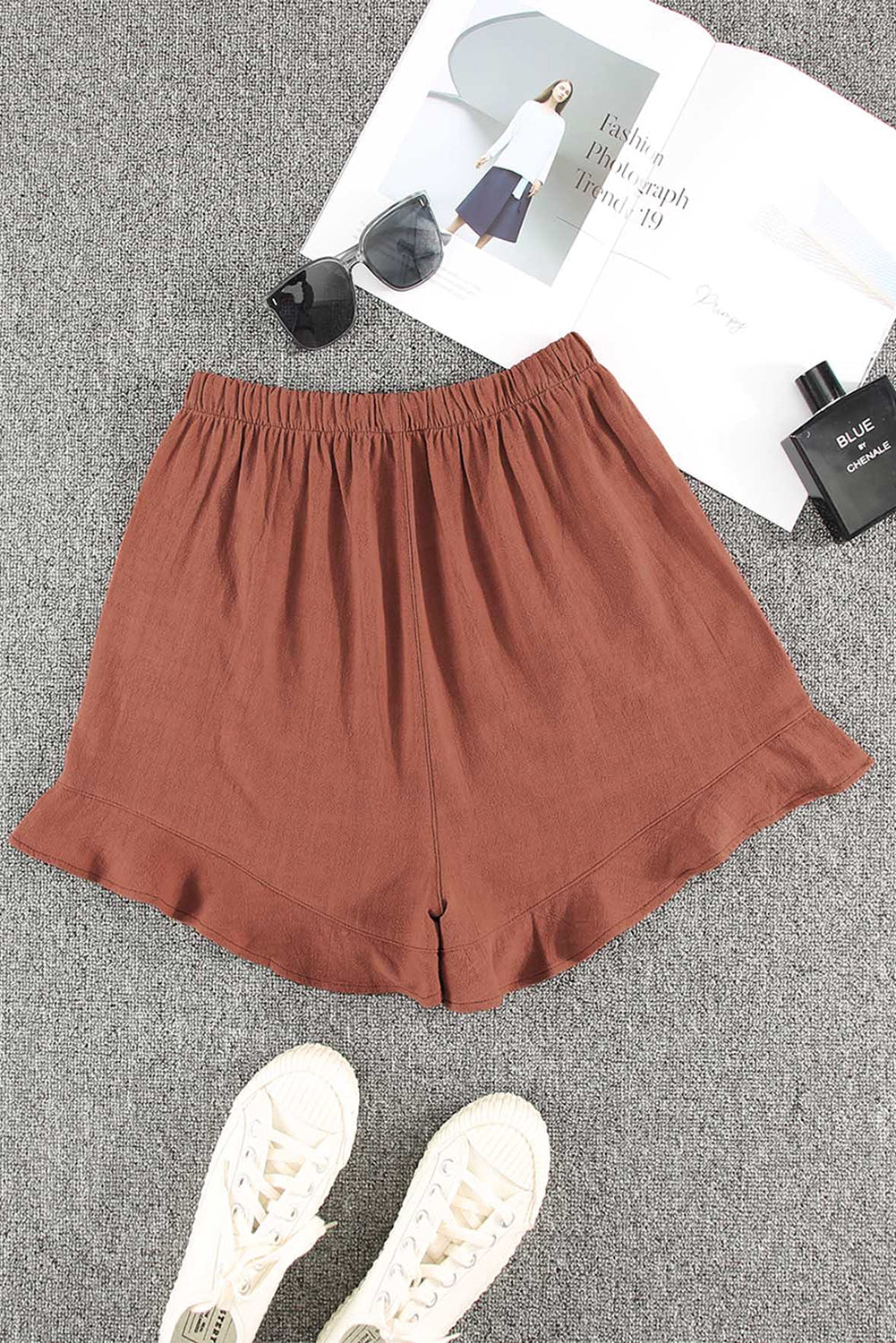 Khaki High Waist Pocketed Ruffle Shorts