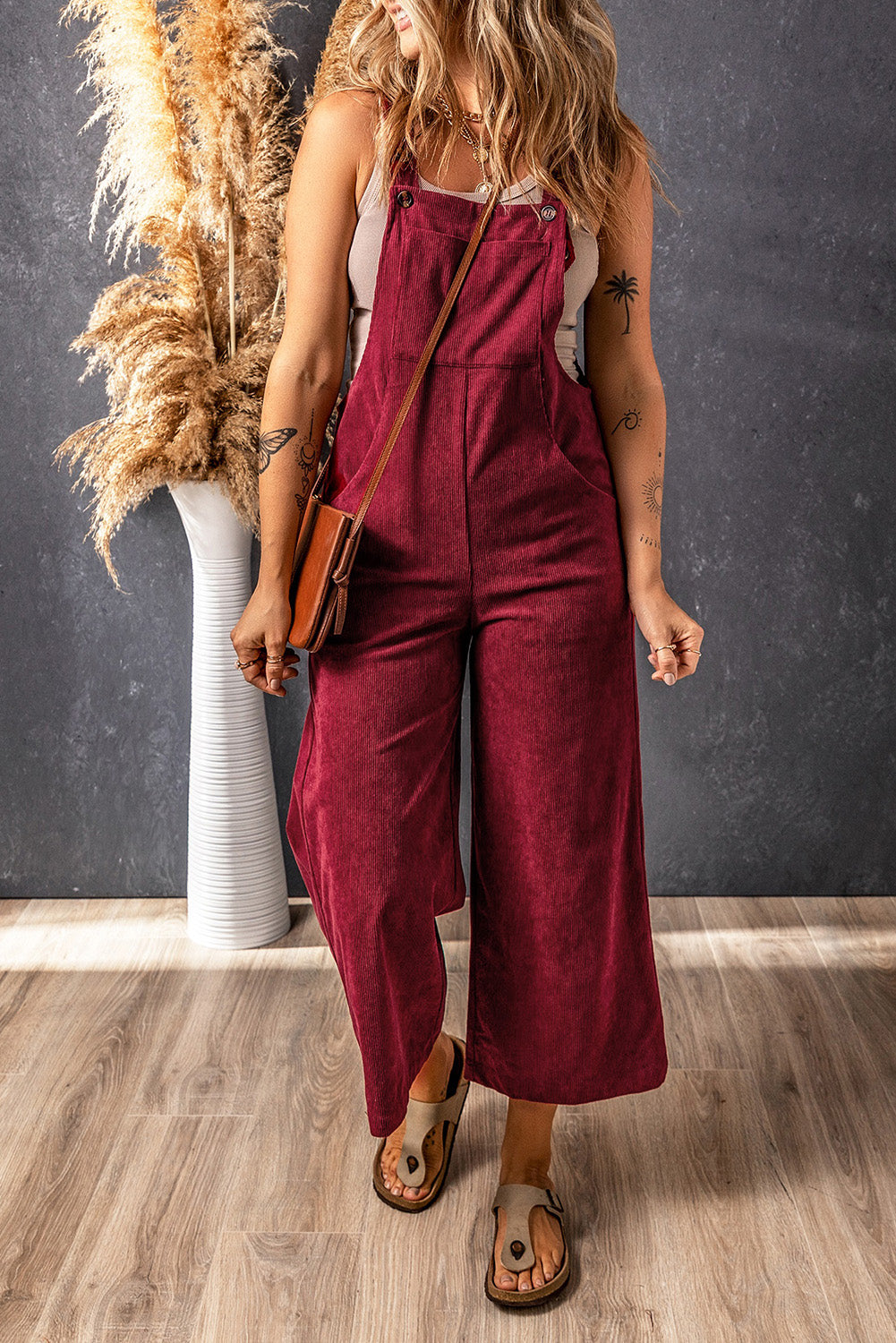 Red Solid Color Corduroy Wide Leg Bib Overalls