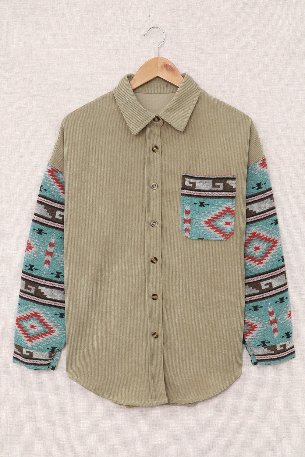 Gray  Aztec Pattern Sleeve Pocketed Corduroy Shacket