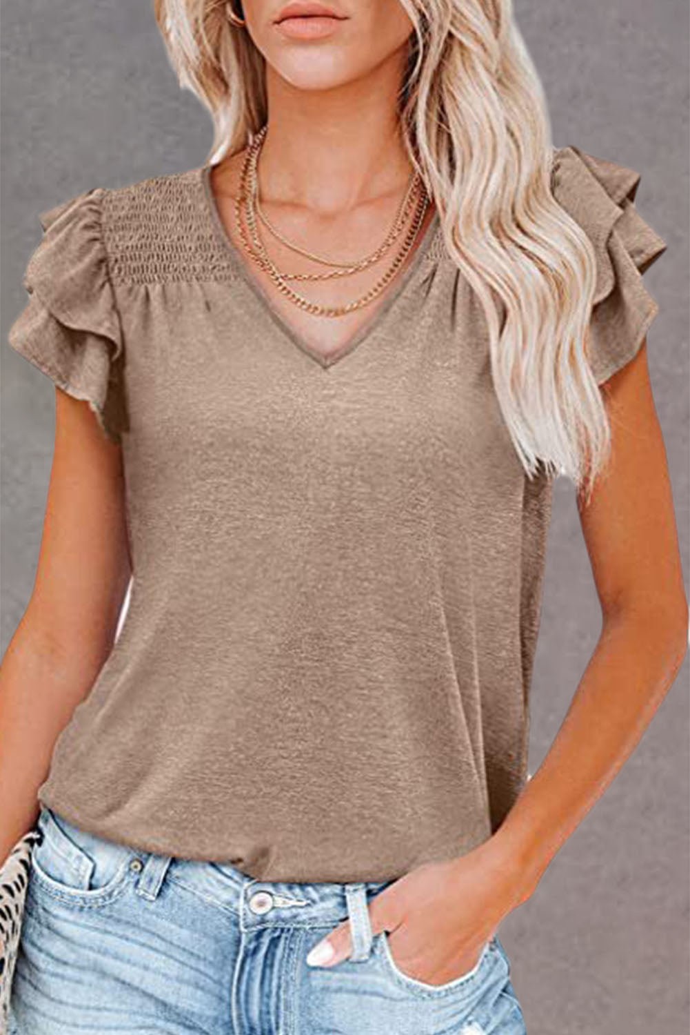 Khaki Solid Color V Neck Flutter Sleeve T-Shirt