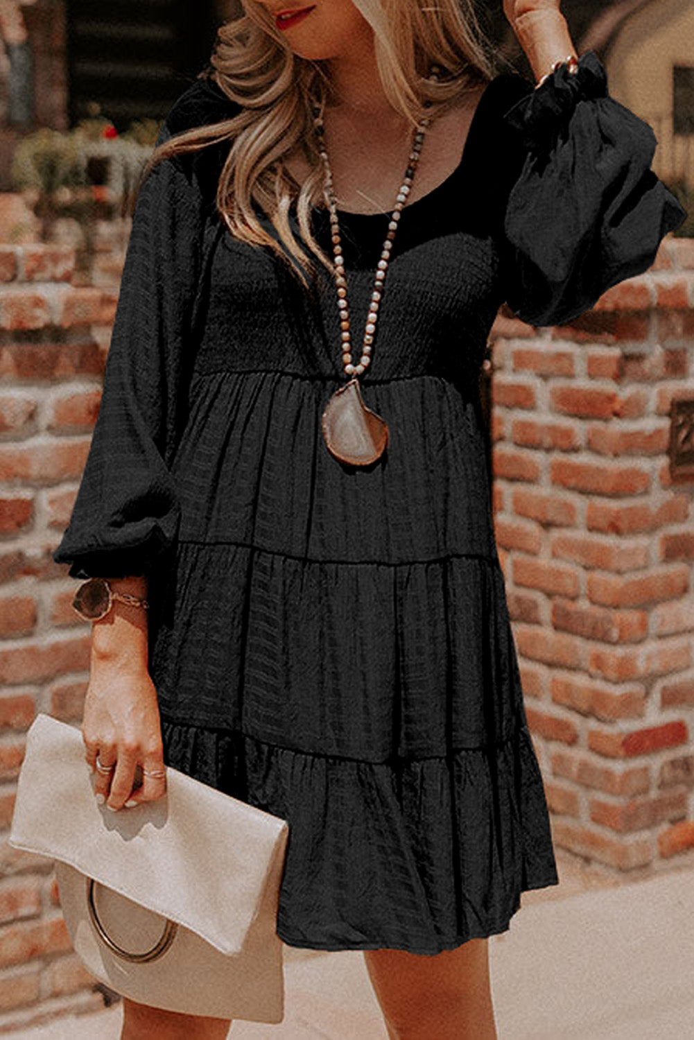 Black Bishop Sleeve Smocked Tiered Mini Dress