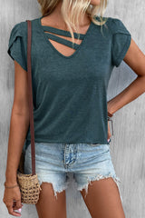 Blue Strappy V Neck Overlap Short Sleeve Top