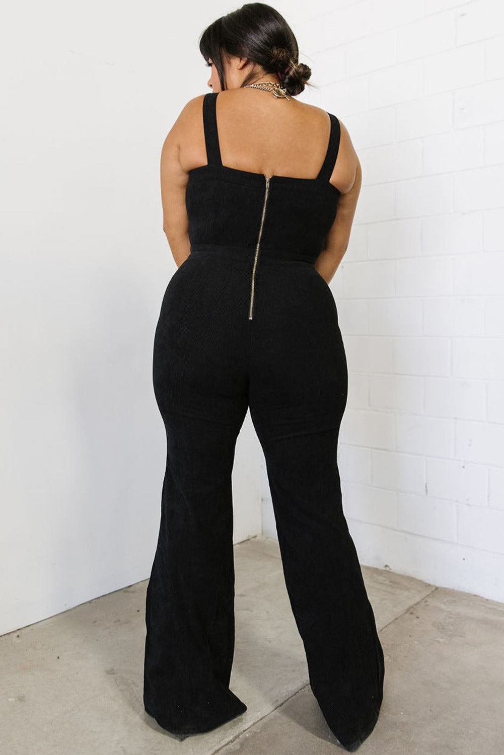 Black Sleeveless Buttoned Bodice Wide Leg Corduroy Jumpsuit