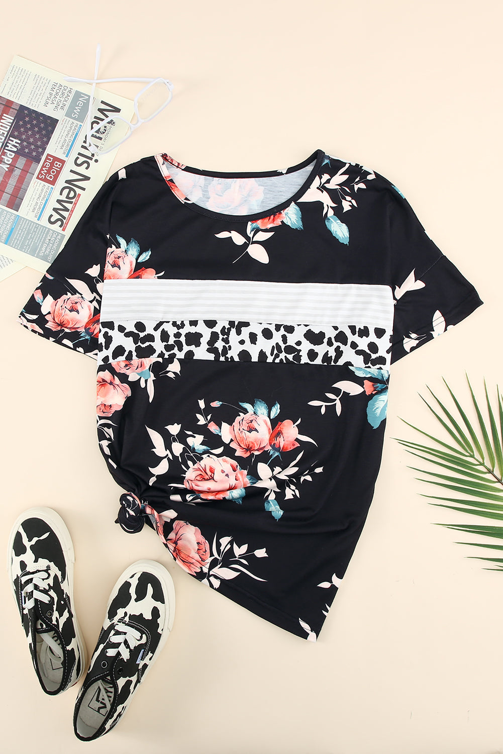 Black Leopard Striped Floral T Shirt