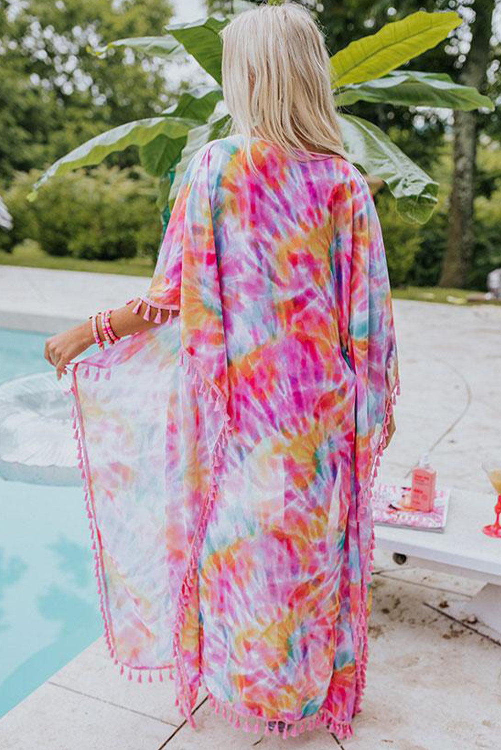 Multicolor Tie-dye Tassel Trim Kimono