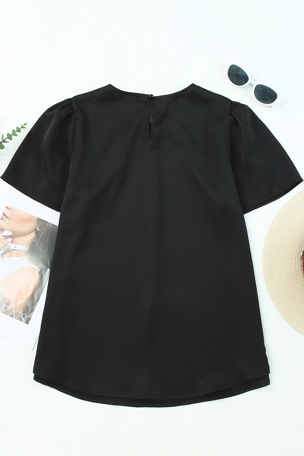 Black Solid Pleated Keyhole Short Sleeve T Shirt