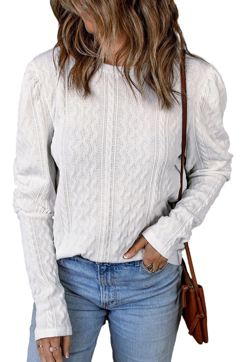 Khaki Solid Color Puffy Sleeve Textured Knit Top