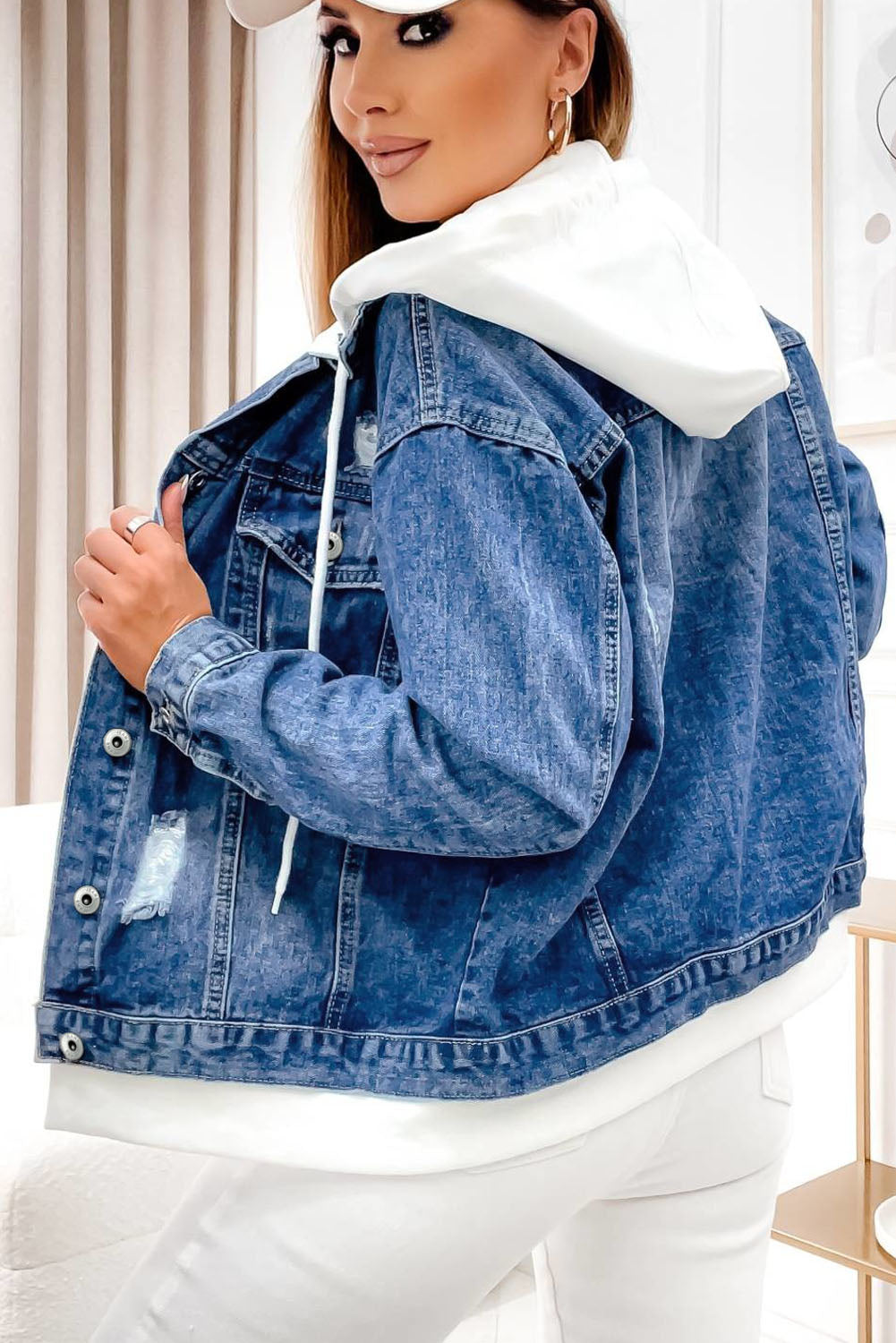 Sky Blue Distressed Contrast Hooded Denim Jacket with Pockets