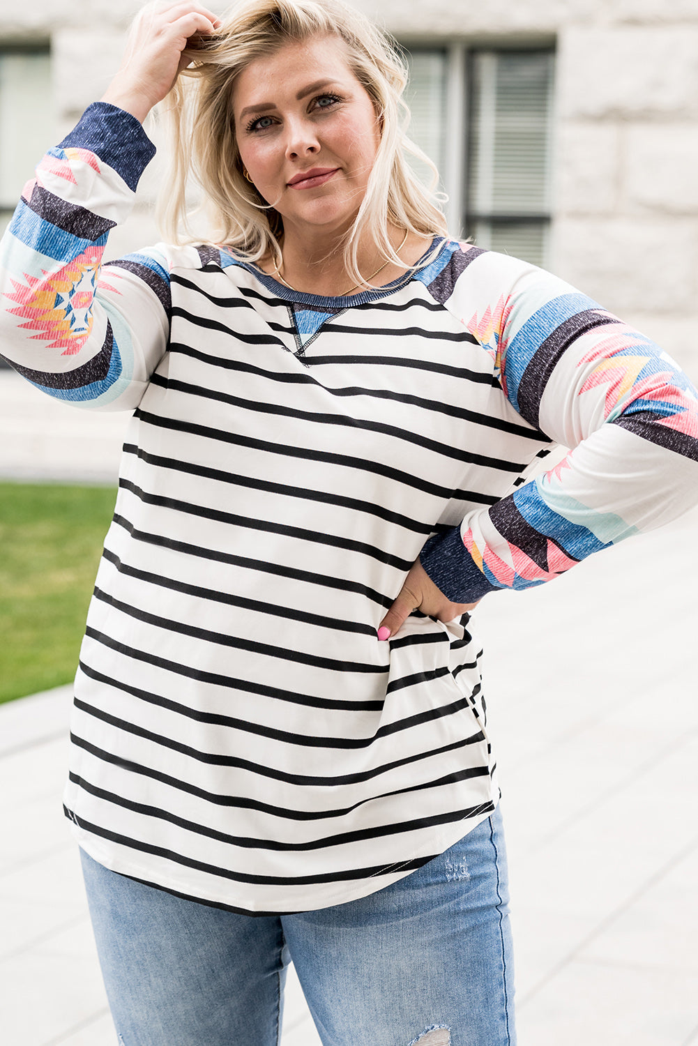 White Aztec Sleeve Striped Raglan Plus Size Top