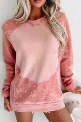 Pink Bleached Round Neck Pullover Sweatshirt