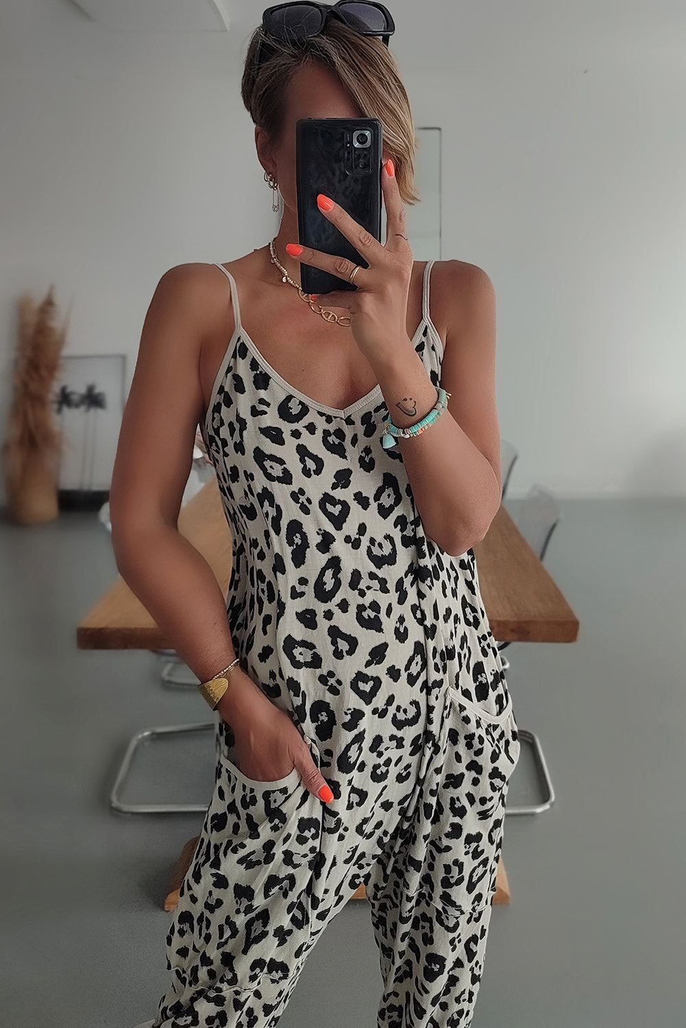 Leopard Spaghetti Straps Side Pockets Loose Fit Jumpsuit