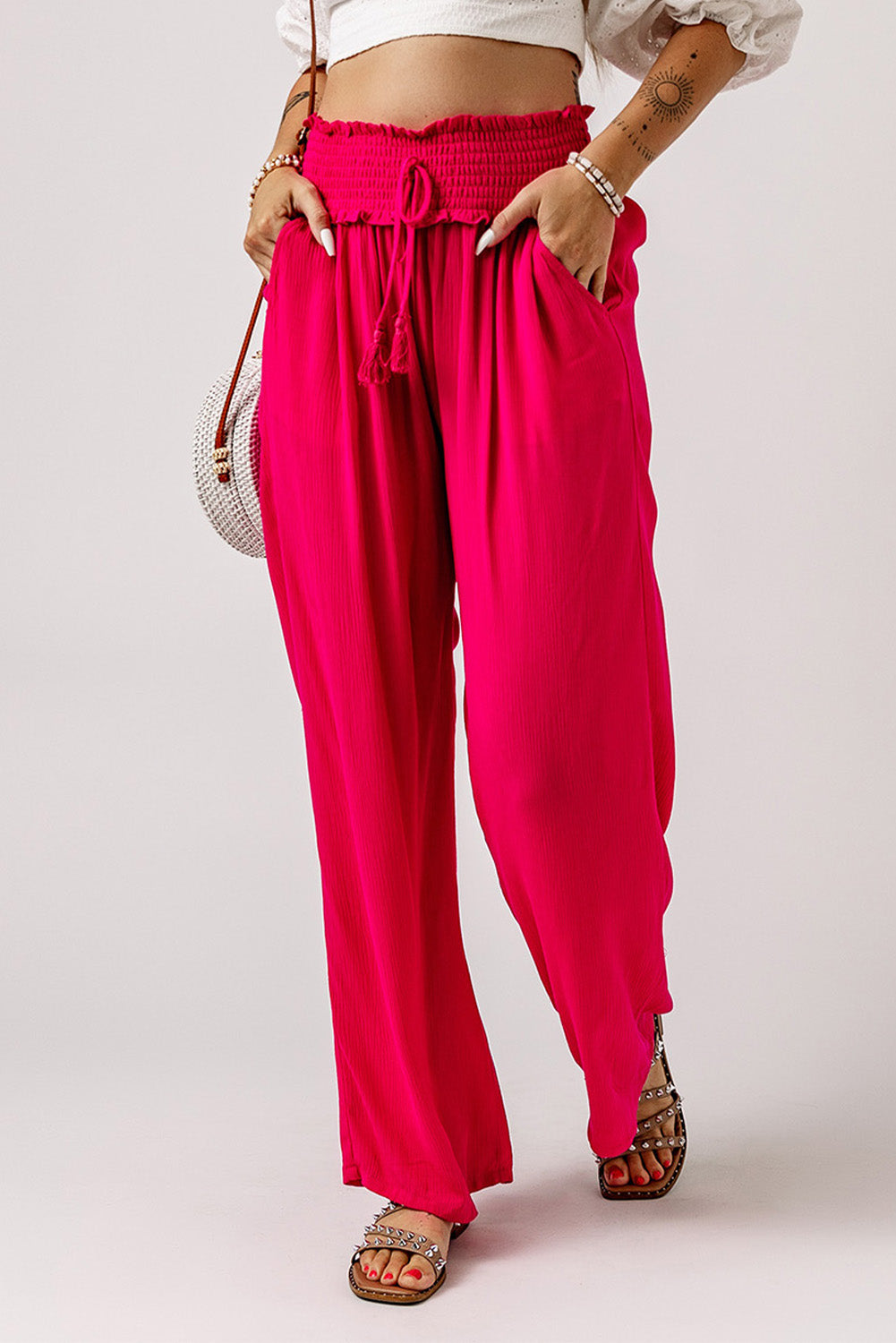 Rose Smocked Elastic Waist Wide Leg Pants