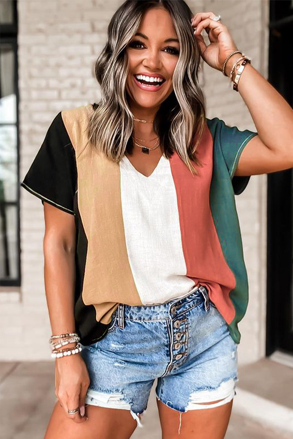 Multicolor Colorblock V Neck Short Sleeve Top