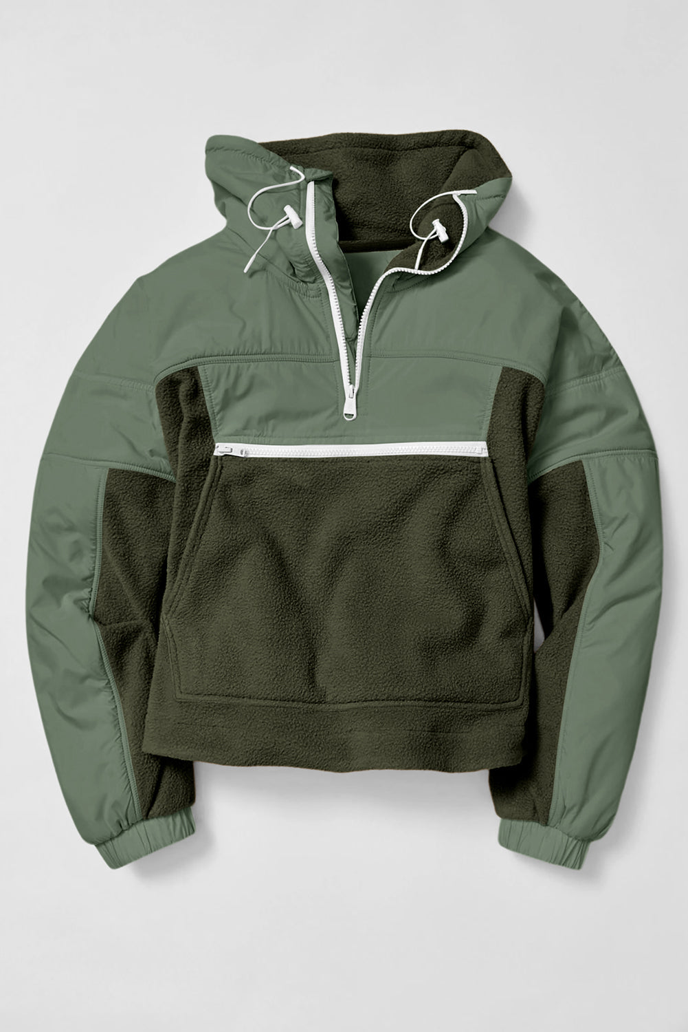 Brown Fleece Patchwork Color Block Zip Funnel Neck Sweatshirt